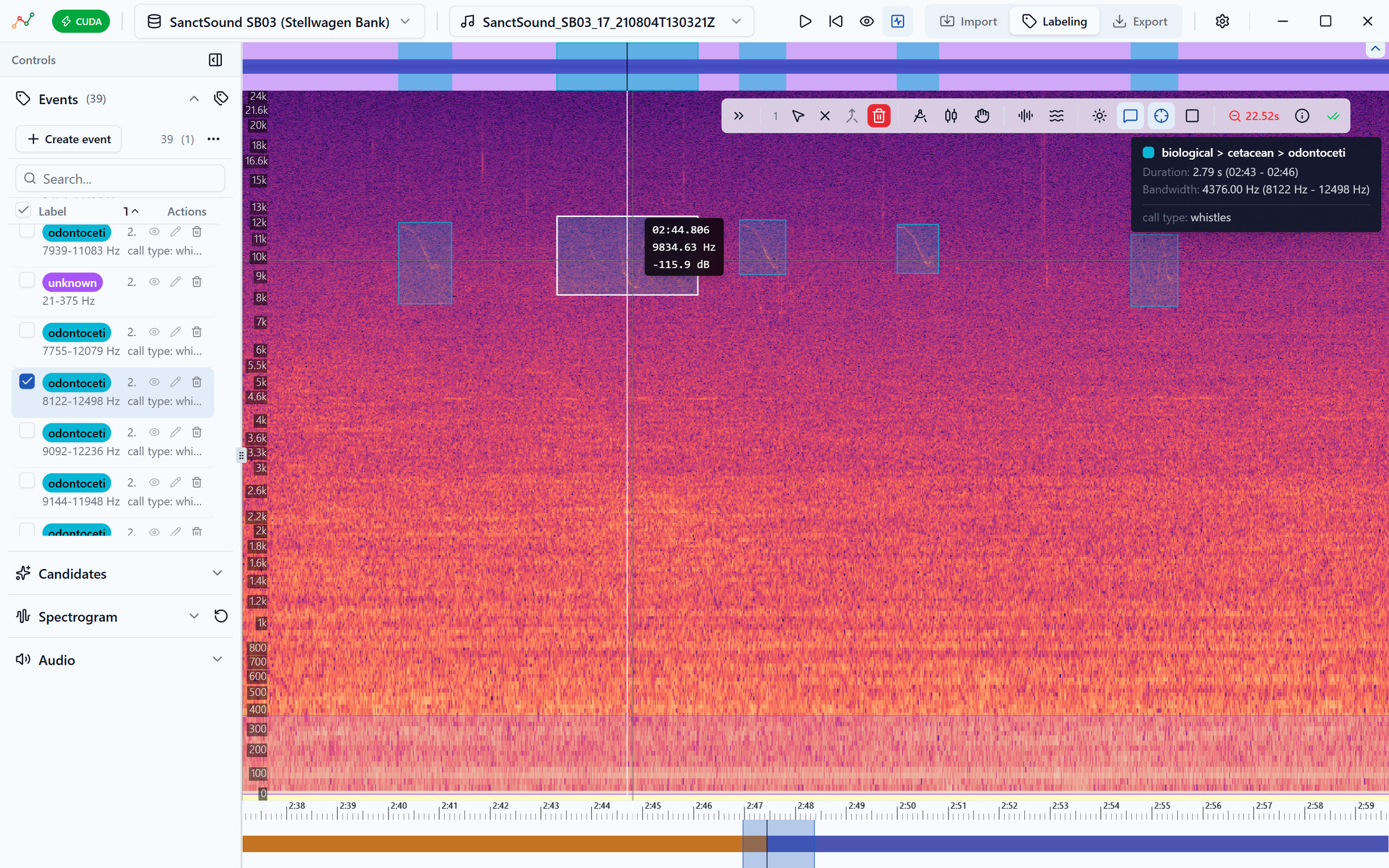 Upalgo Labeling Sound: a spectrogram from 0 to 24 kHz with five boxed whistles, one of them selected, the list of events on the left and the selected event’s label, duration and bandwidth on the right.