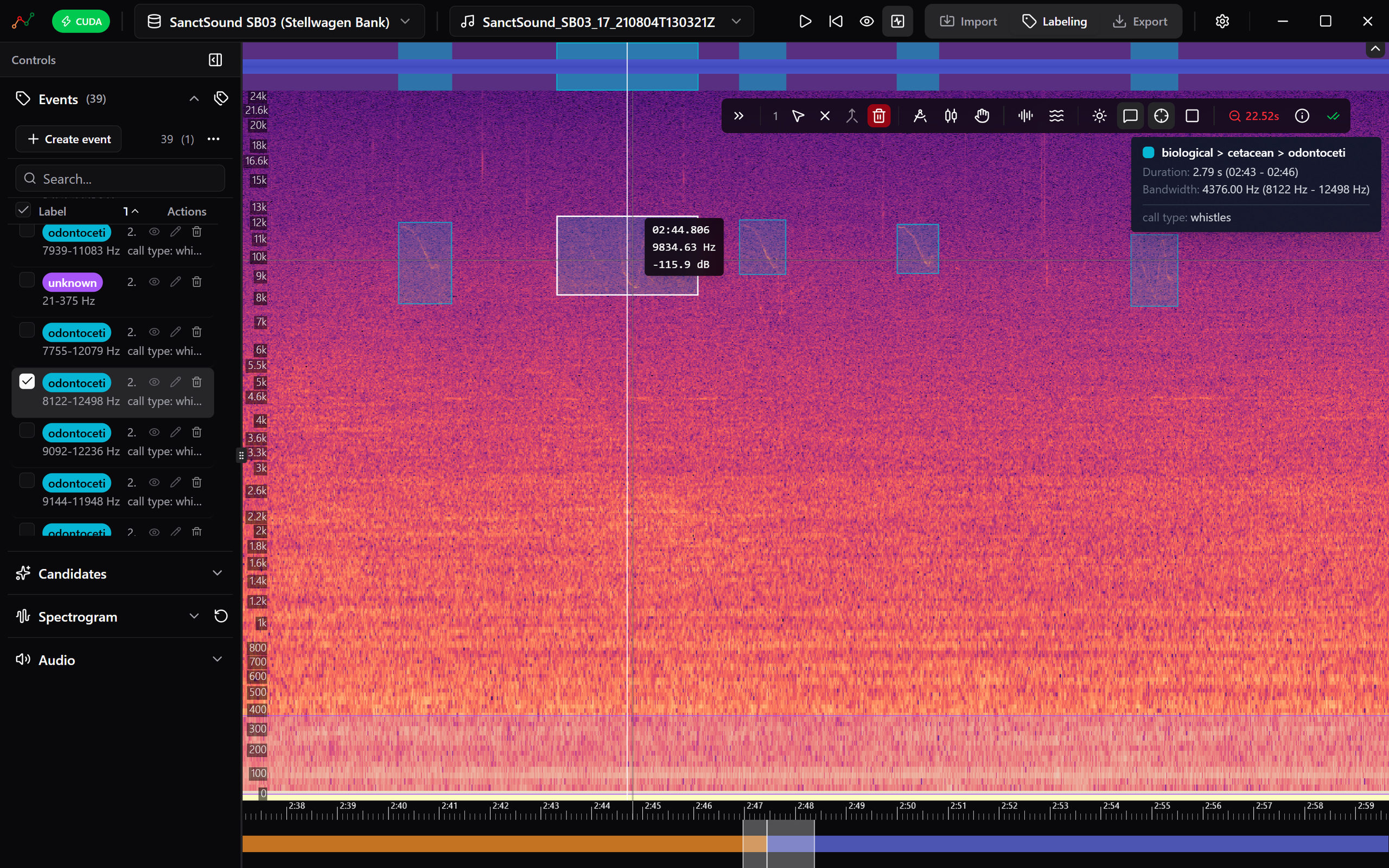 Upalgo Labeling Sound: a spectrogram from 0 to 24 kHz with five boxed whistles, one of them selected, the list of events on the left and the selected event’s label, duration and bandwidth on the right.